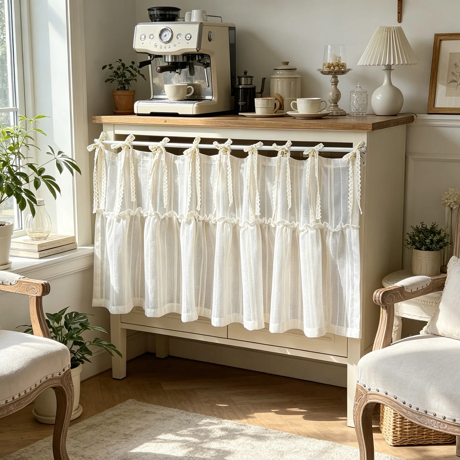 Beige Vertical Striped Half Curtain Lace Tie-on Cafe Curtain Dustproof Curtain for Kitchen Sink Open Storage Cabinet Decoration