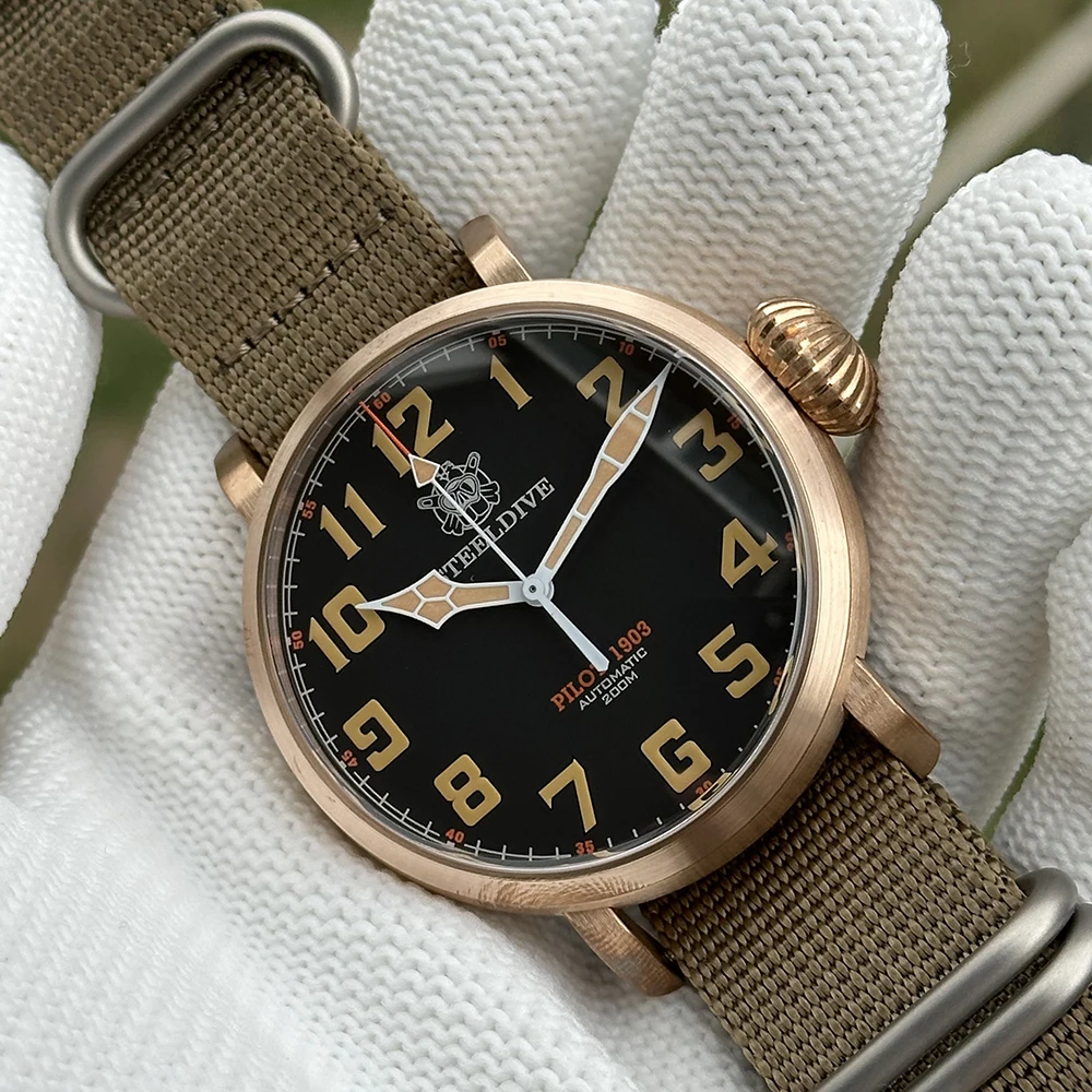 STEELDIVE Men Pilot Watch 46.5mm Bronze Automatic Mechanical Wristwatch Dive 20ATM Waterproof C3 Lume Sapphire NH35 Onion Crown