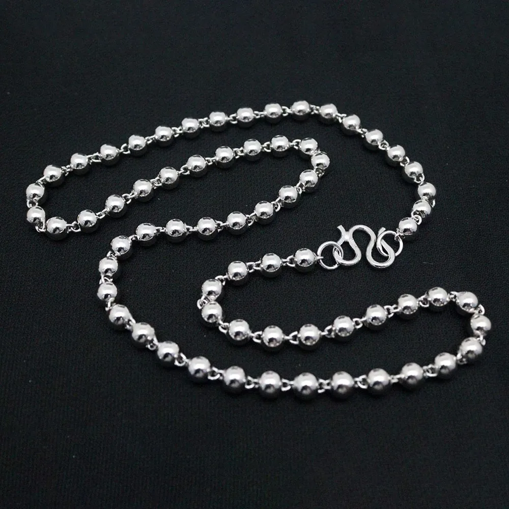 

Real Solid 925 Sterling Silver Chain Men Lucky 6mm Round Beads Link Necklace 29-30g/55cm