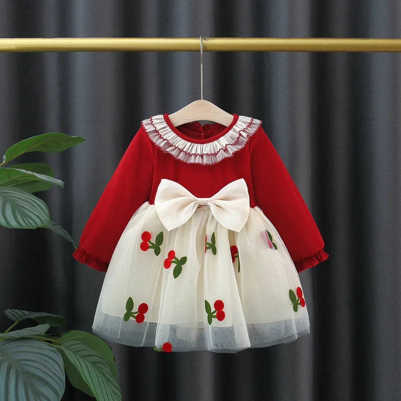 Spring And Autumn New Cherry Chiffon Baby Girl Princess Dress, Red Long Sleeve Christmas Party Children\'S Clothes（0-3 Years Old）