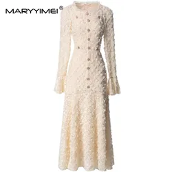 MARYYIMEI Autumn and winter New Style fashionable Dress Women Square-Neck Flare Sleeved Appliques Button Elegant Dresses