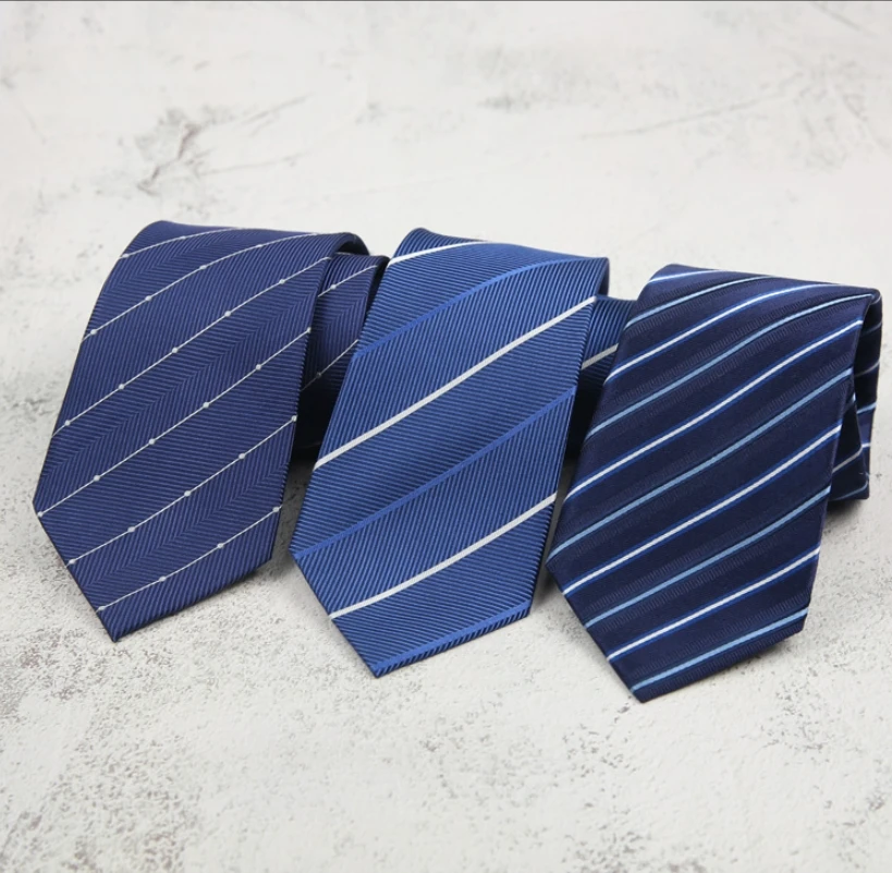 High Quality 100% Silk Dark Blue Striped Pattern 8CM Wide Tie Men's Business Banquet Shirt Accessories Real Silk Cravat