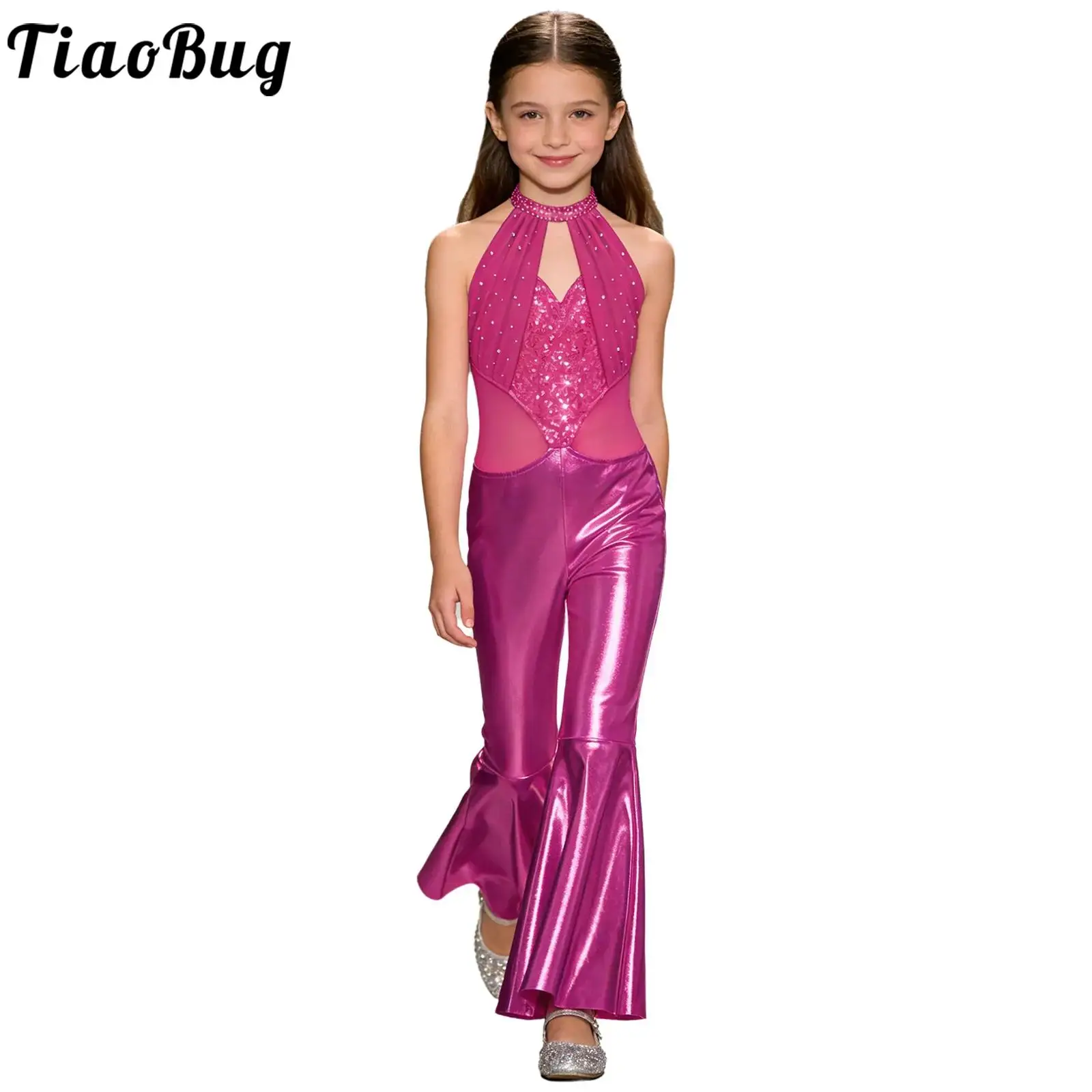 Kids Girls Metallic Disco Jazz Dance Jumpsuit Halter Sleeveless Sequins Flared Pants Rompers for Pageant Party Stage Performance