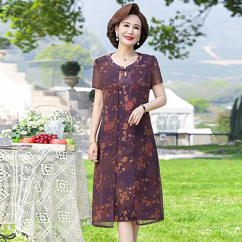 Fake two pieces Print Natural Silk Midi Dress Women Korean Fashion Elegant Casual Party Dress Summer Loose Plus size Knee-length