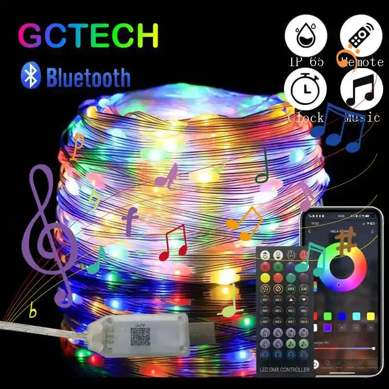 Guirxiété lumineuse LED télécommandée RVB, guirxiété lumineuse extérieure, fête, ligne en cuir, IP65, Bluetooth, musique, lampe, lumières dégradées,