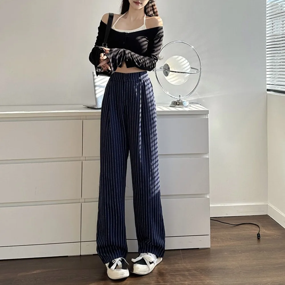

Loose Stripe Straight Leg Pants Workout Trousers High Waist Wide Leg Pants Drape Feeling Autumn Casual Pants Women Streetwear
