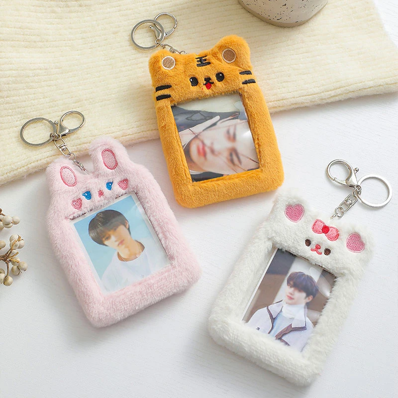 Korea Cute Bear Rabbit Plush Photocard Holder Cute Idol Photo Album Sleeve Case ID Card Cover With Keychain Bag Pendant