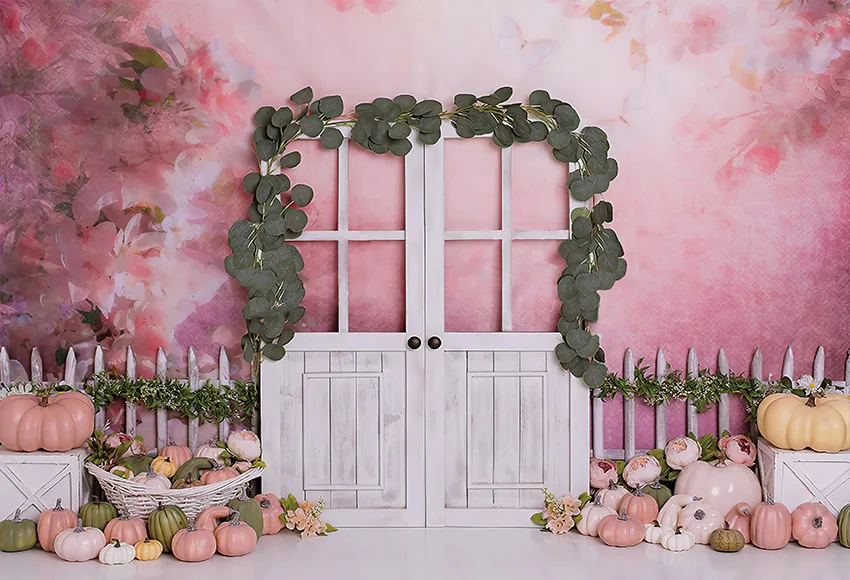Mehomond Fotografie Hintergrund rosa Blumen wand Tür Dekor Baby party Porträt Kürbis grün Blätter Hintergrund Photo zon Studio