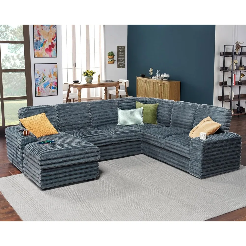 U-förmiges Sofa, 7-fach umwandelbares Sofa mit USB-Anschlüssen, Sofagarnitur mit Stauraum, Beige aus Cord, Couch für das Wohnzimmer