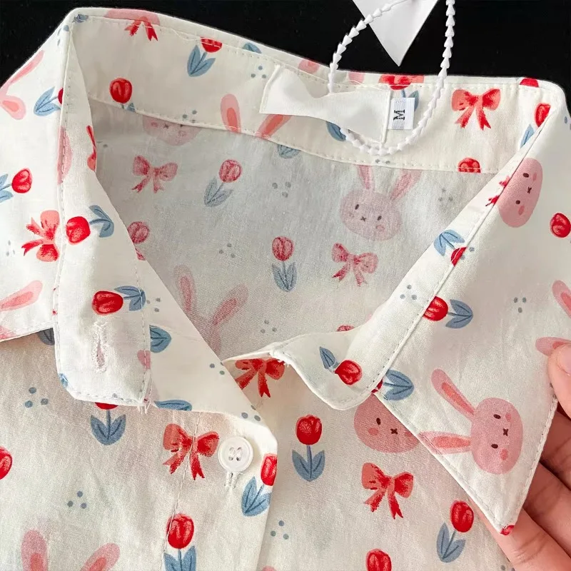 EBAIHUI 프렌치 스위트 토끼 프린트 여성 셔츠, 루즈하고 귀여운 반팔 블라우스, 독특한 자외선 차단 가디건 탑, 여름