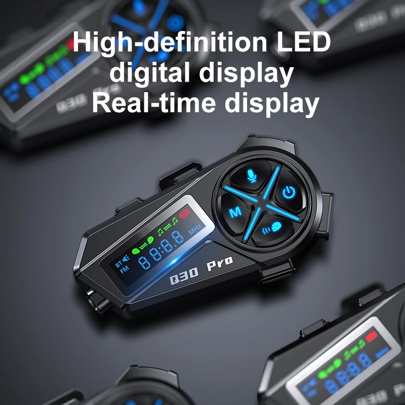 Q30Pro دراجة نارية خوذة بلوتوث سماعة رأس لجهاز الاتصال الداخلي LED الإضاءة ستيريو راديو FM IP56 مقاوم للماء صوت مساعد 500 متر البيني