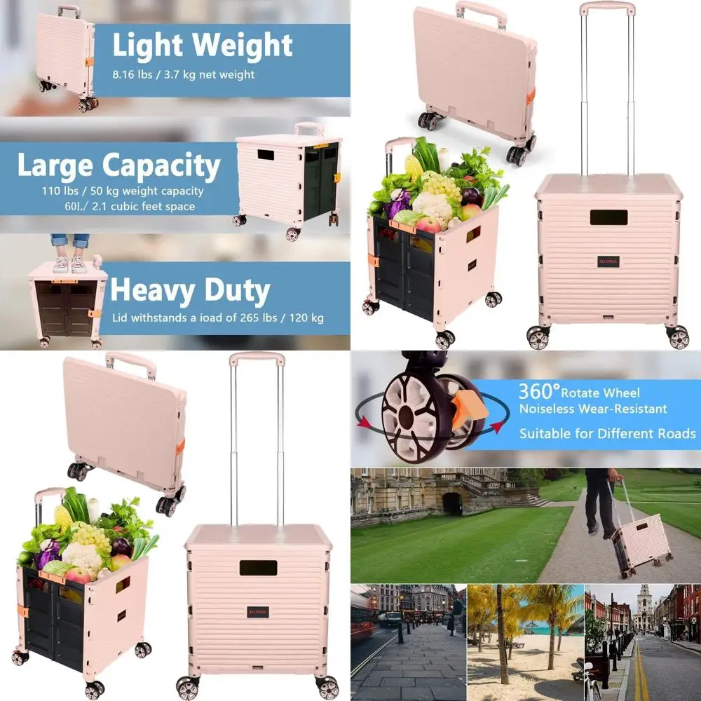 

Collapsible Rolling Utility Cart with 4 Swivel Wheels, Heavy-Duty Plastic and Telescoping Handle for Shopping, Moving, and Stora