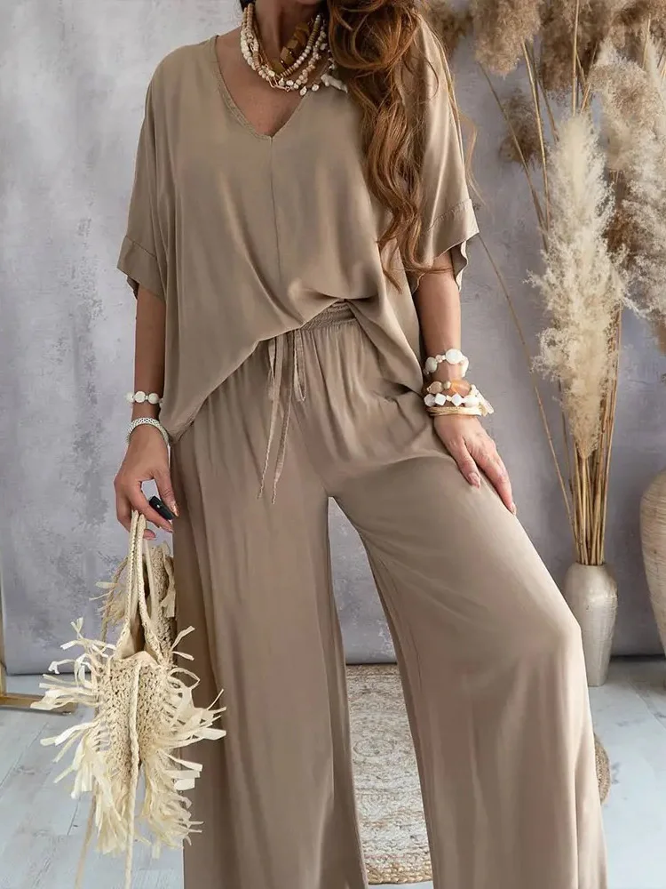 Women Three Quarter Sleeve Tops Loose Long Pants Suit 2023 Casual Streetwear Elastic Waist Set Female Solid Chic Trousers Outfit