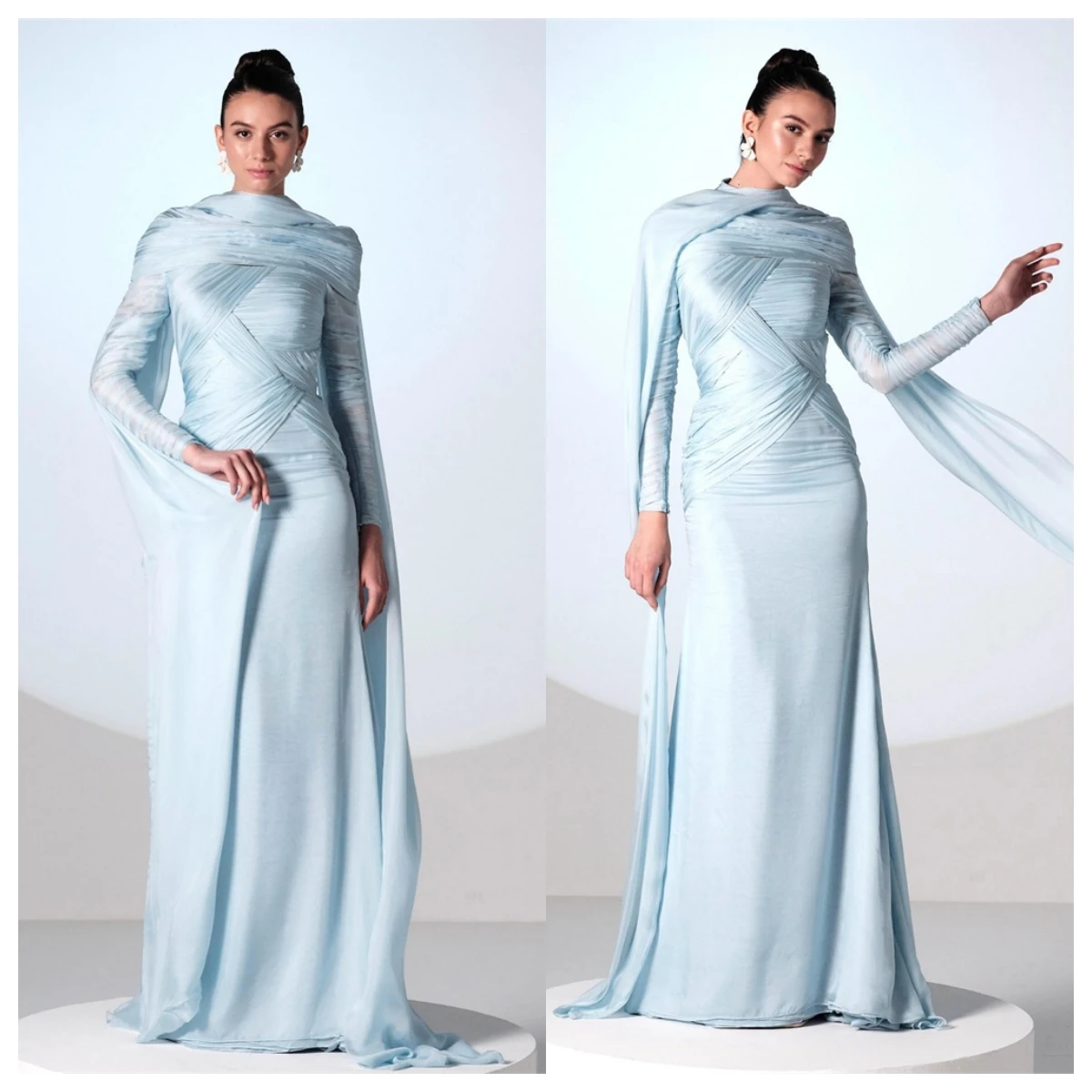 فستان سهرة كلاسيكي من الجيرسيه الأزرق مخصص برقبة دائرية وأكمام طويلة فستان العودة للوطن مناسبة خاصة فساتين عصرية عالية الجودة #3