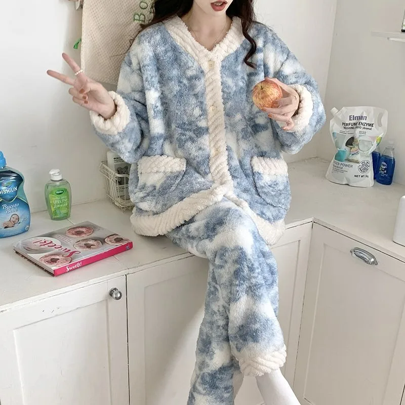 

2024 Winter New Women Coral Fleece Fleece-Lined Thickened Pajamas Female Warm Loungewear Sets Casual V-neck Nightclothes Suit