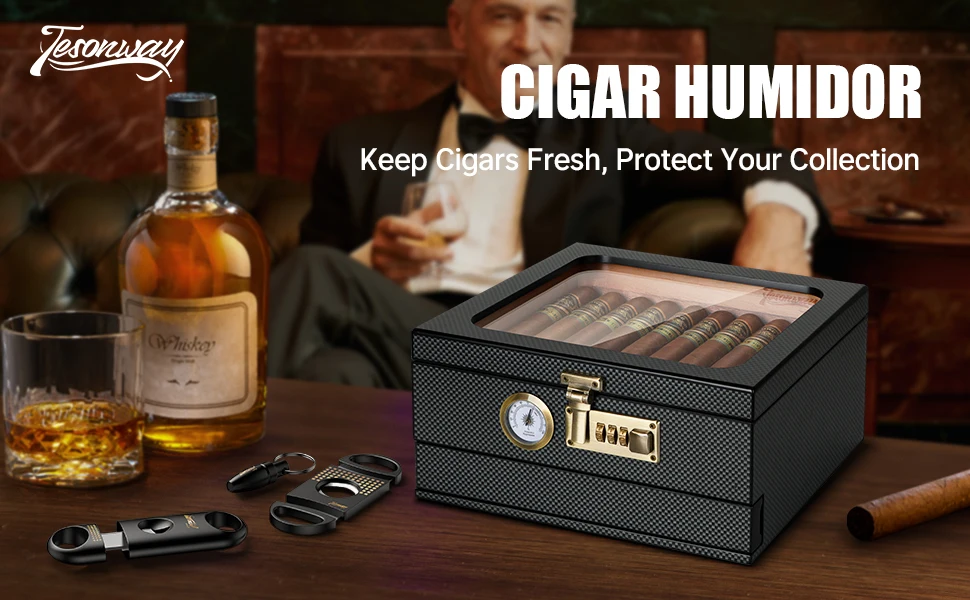 Zigarren-Humidor, Zedernholz-Humidor, Zigarrenbox, Glasplatte, Desktop-Humidor mit Front-Hygrometer, Luftbefeuchter, Teiler, Zubehör, Schublade – Detail 3