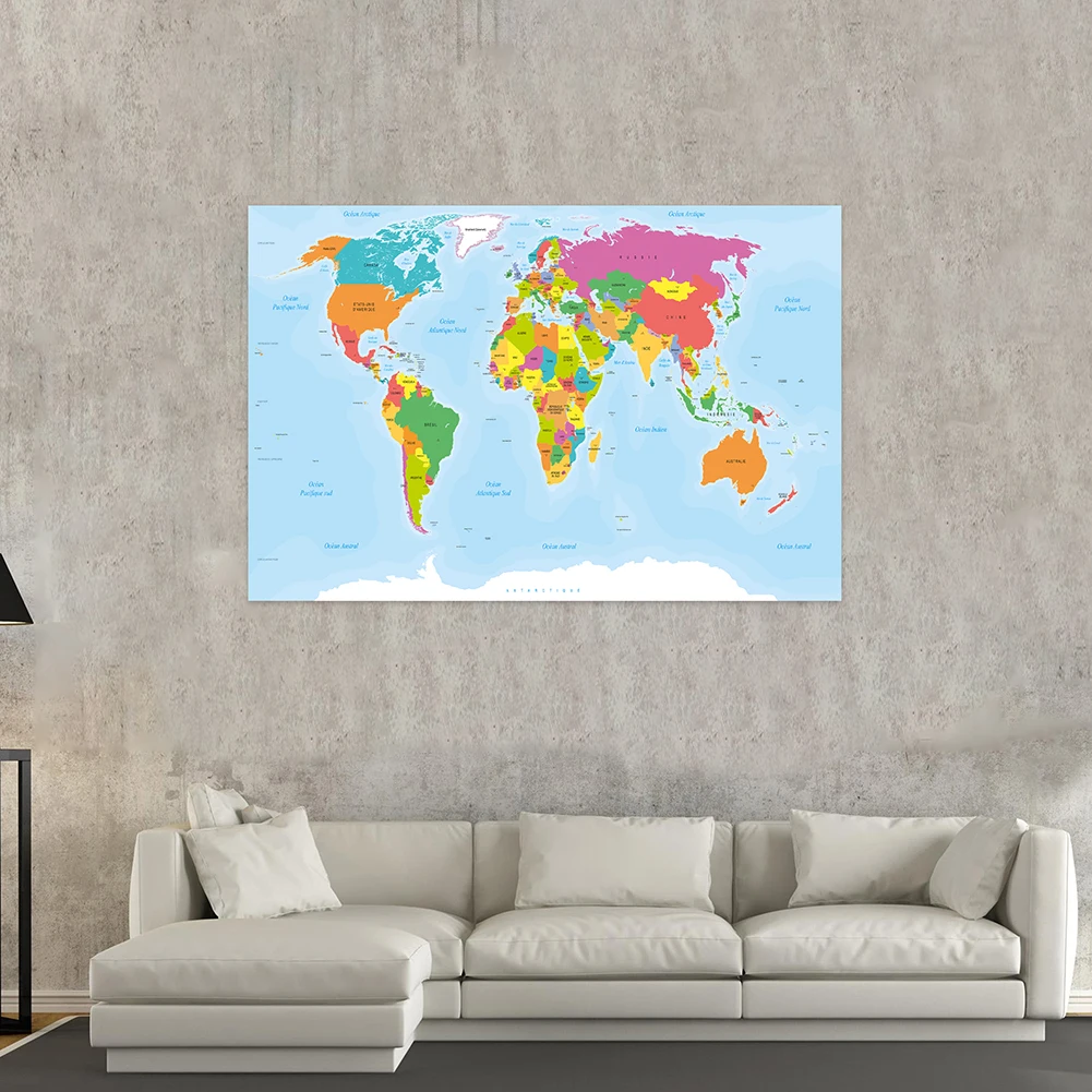 Affiche Murale de la Carte du Monde en Français, Peinture sur Toile Non Tissée, Bureau, Salon, Décoration de Maison, Fournitures Scolaires pour Enfants, 225x150cm