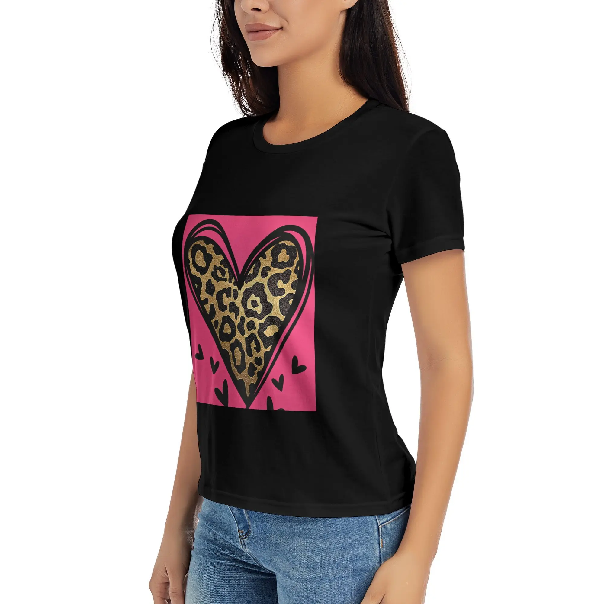 Pink Leopard Heart Graphic Tee Soft Cotton Short Sleeve T-Shirt