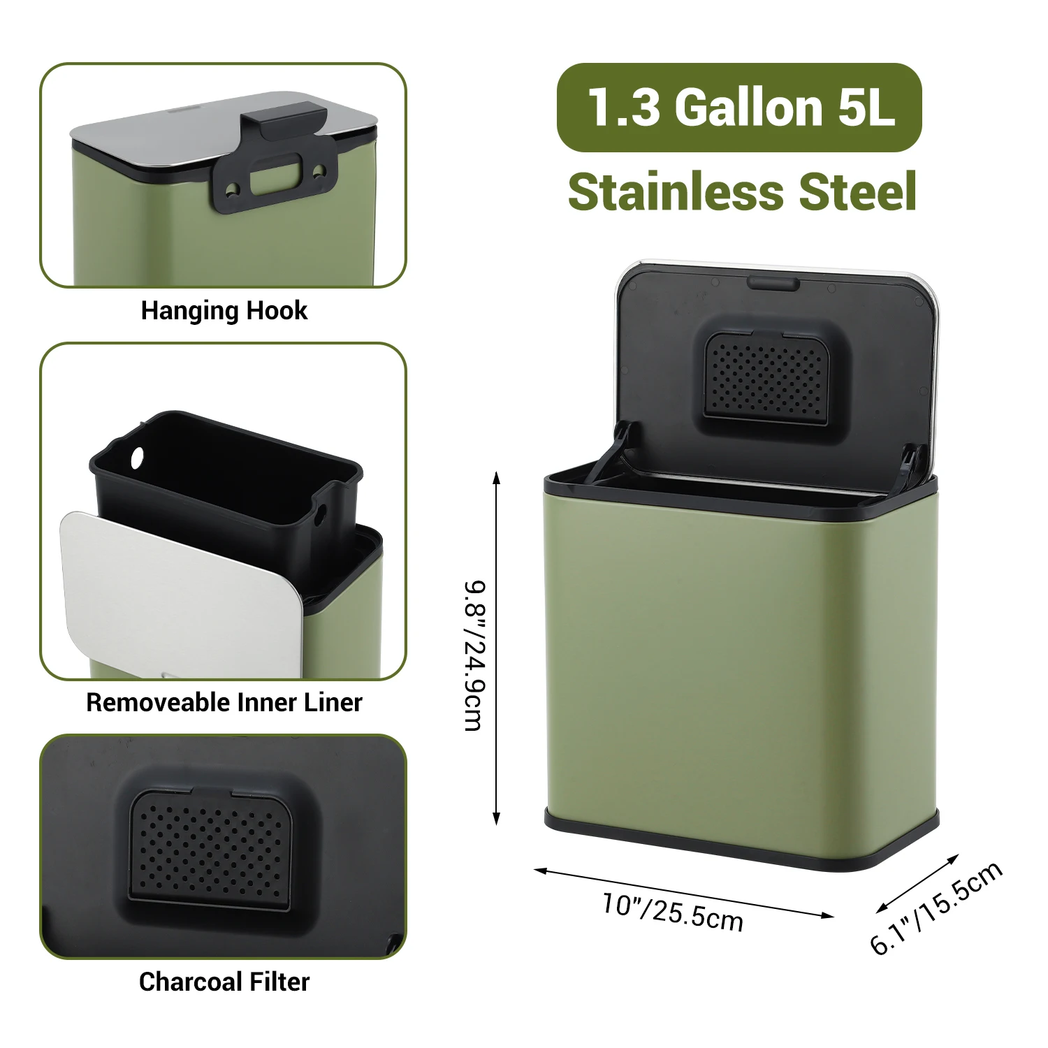 1.3 Gallon Odor Control Compost Bin, Stainless Steel Hanging Trash Can, Charcoal Filter Lid, Removable Inner Bucket, Compact Waste Bin For Kitchen Countertop, Under Basin, Small Spaces, Recycling