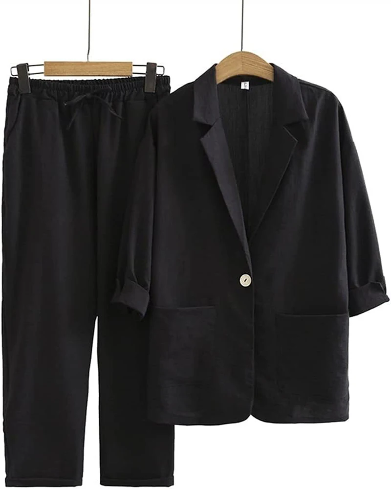 Lente Zomer Dames Katoenen Linnen Blazer Pak Effen Gekerfde Lange Mouw Broek 2 Stuks Vrije Tijd Losse All-Matched Dames Sets