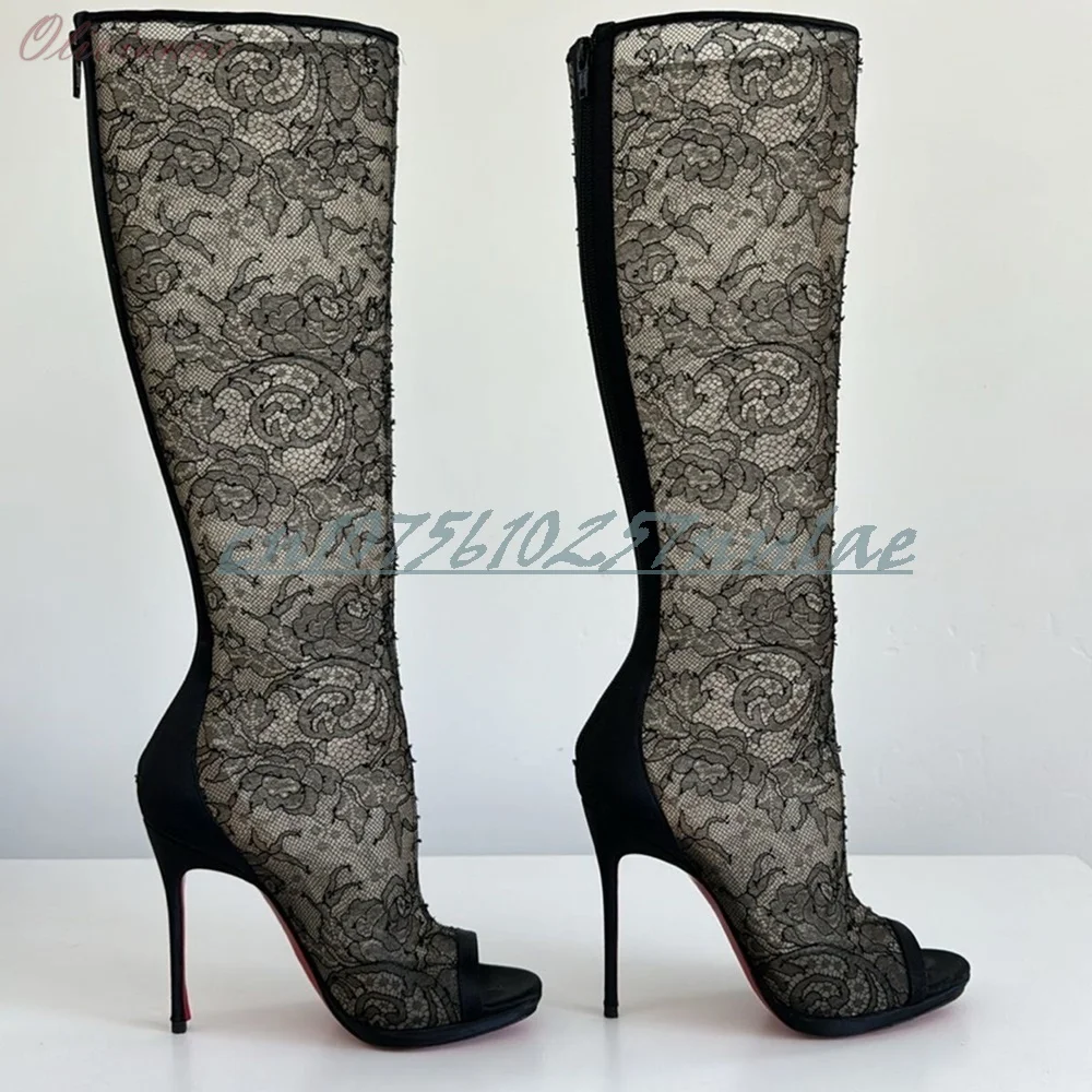 

Black Hollow Lace Design Peep Toe Mid Calf Boots Hot Stiletto High Heel Party Fashion Women Shoes 2025 Summer New Para Mujere