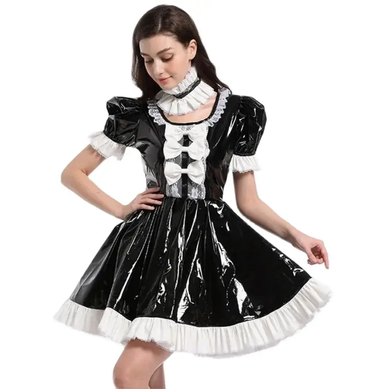 

French Sexy Adult Customized fetishist Transfiguration Sissy Black PVC Shoulder Fluffy Neck Chest Bow Decorative Dress