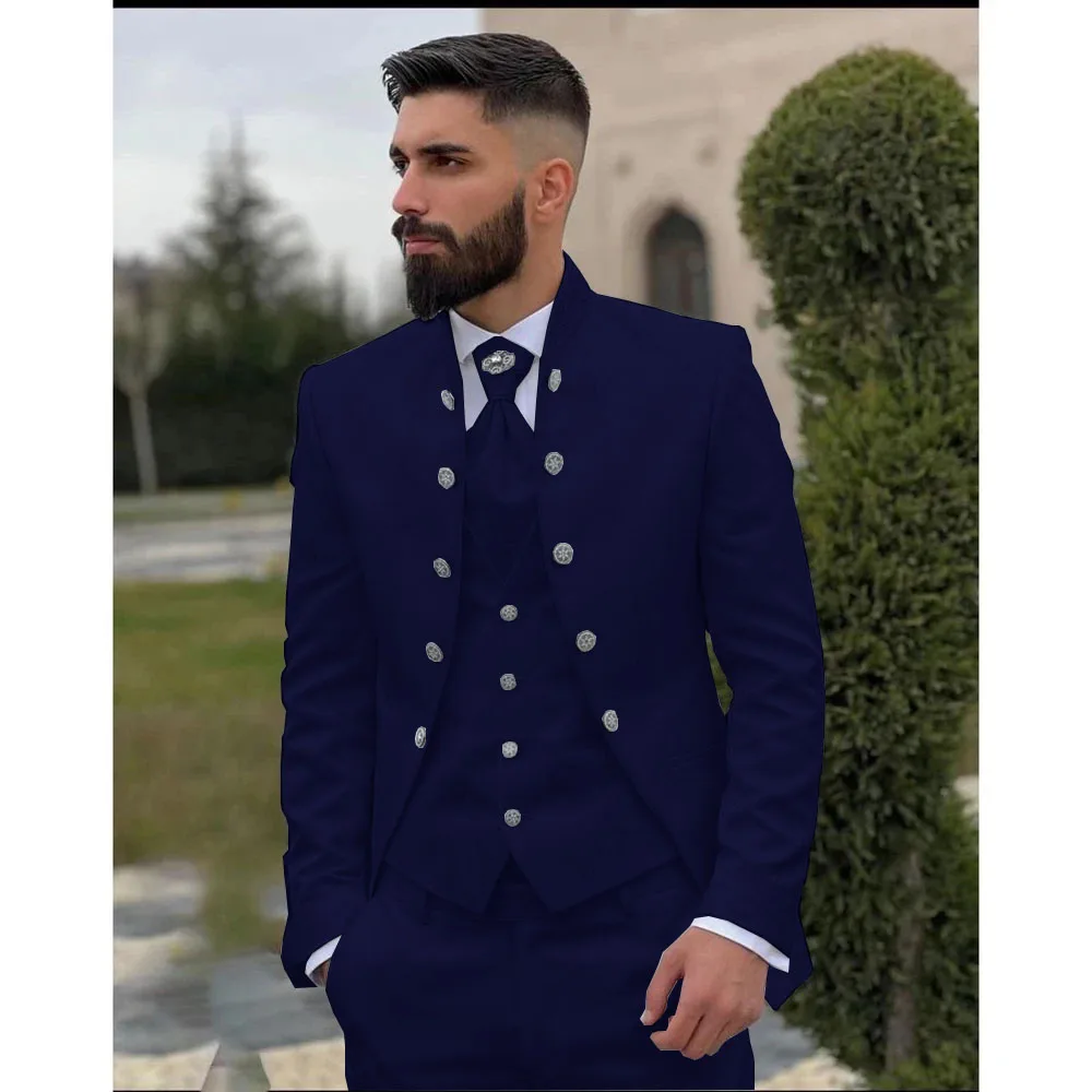 Luxury Black Jacquard Wedding Suits For Men Tuxedos 3 Pieces Male Groom Prom Blazers Sets Stand Collar Costume Homme Marrige