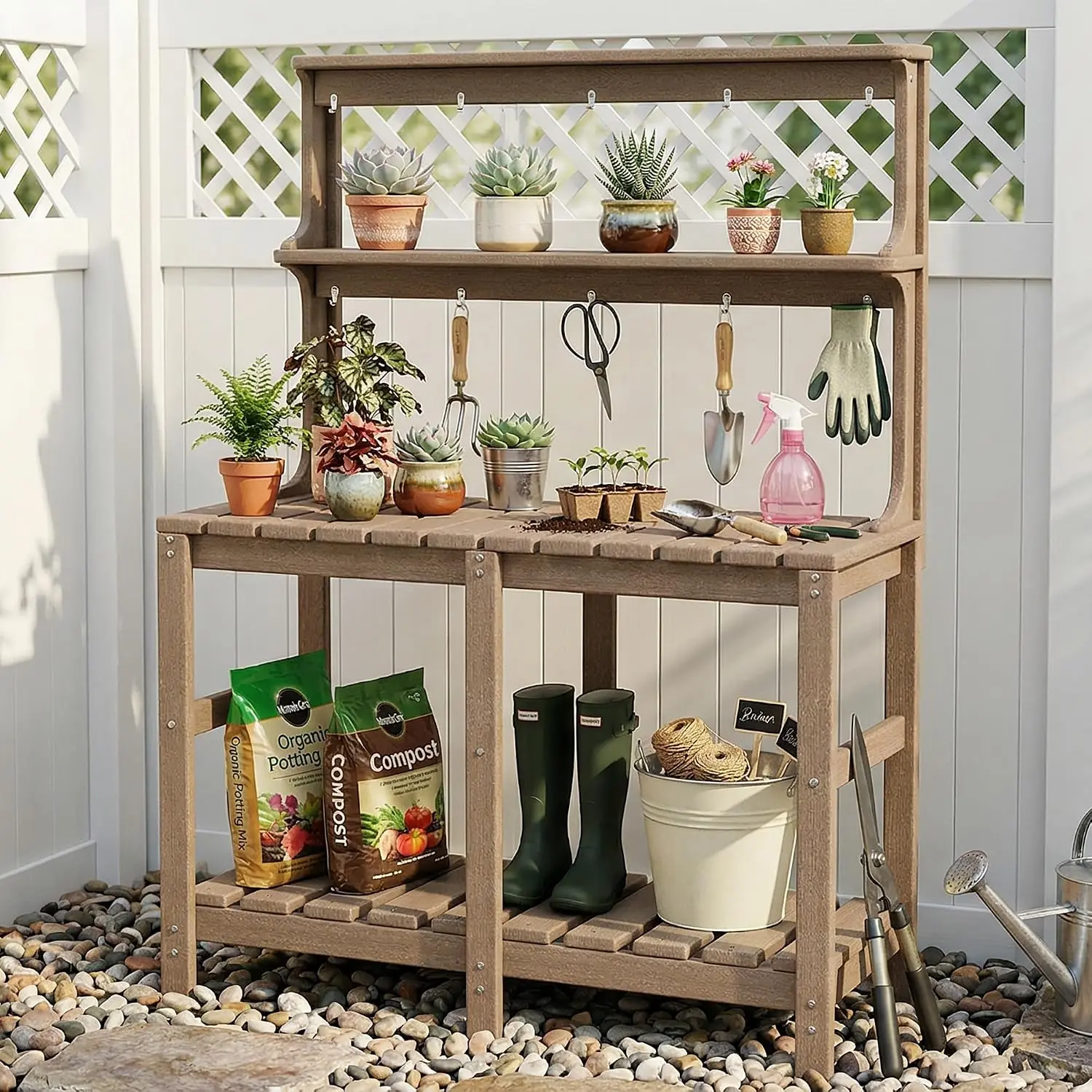 Modern HDPE Potting Bench Outdoor Potting Table With 3 Tier Storage Shelves And Tool Hooks, Heavy Duty All Weather Garden Workstation Table Furniture For Backyard Patio Deck, Brown