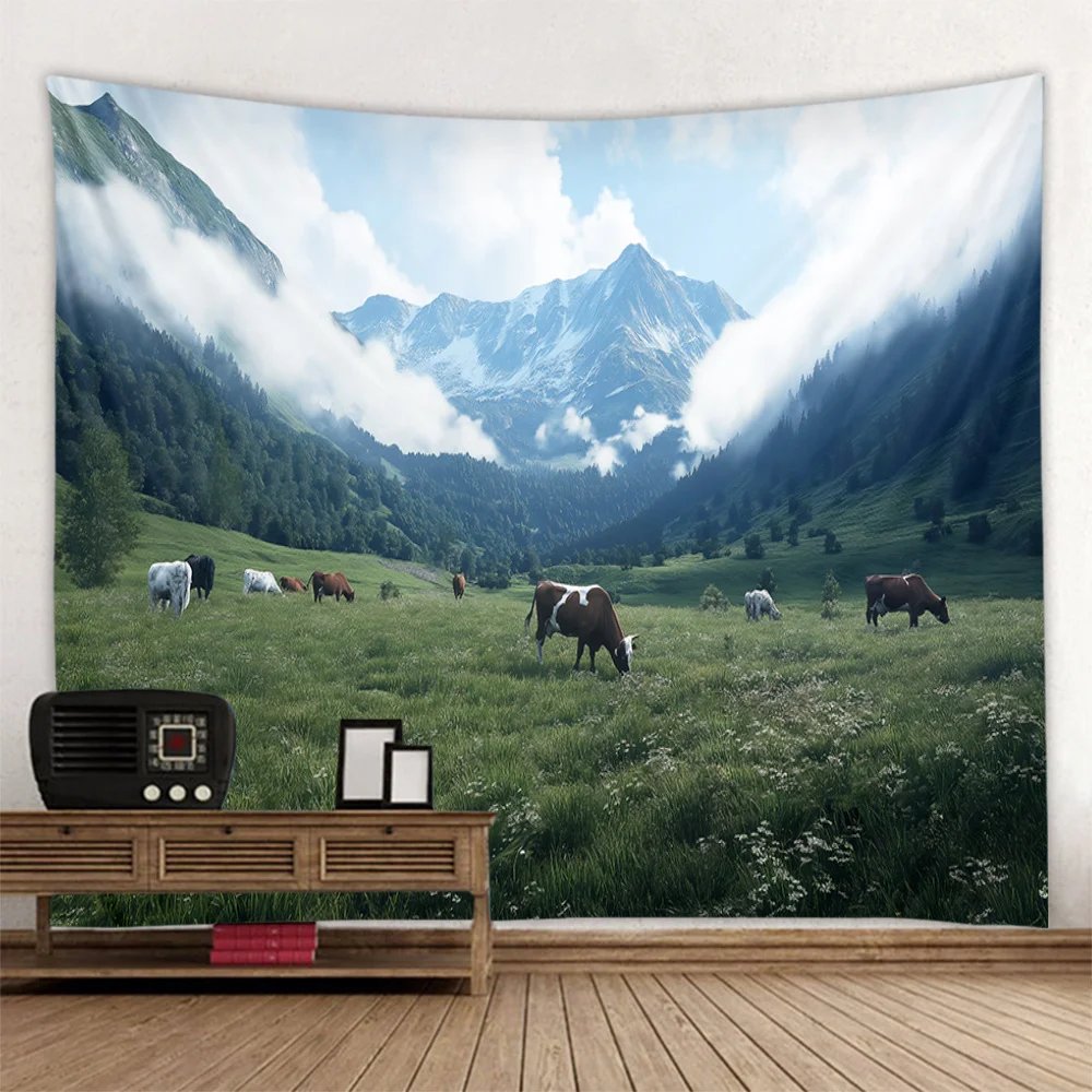Large Tapestry Grassland Dairy Cows Sheep Multi-Scale Mural Cloth Natural Forest Hanging Decoration for Living Room Bedroom