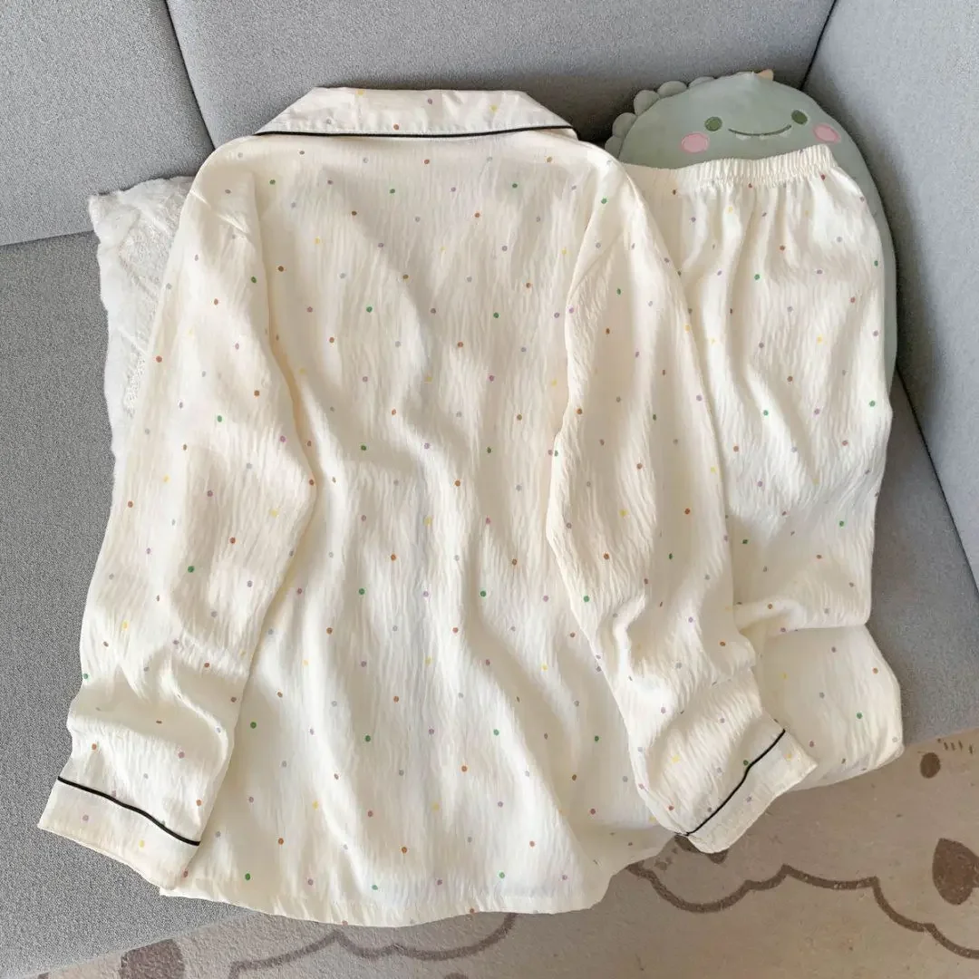 Large Size Spring and Autumn Polka Dot Printed Nightwear for Women Long Sleeved Cardigans High Beauty Home Clothing Sleepwear