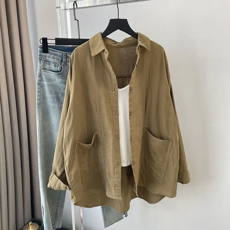 

Ultra-Thin Long-Sleeve Cotton Shirt Women's Double-Layered Summer Shirt Cardigan Pure Color Khaki Shirt Casual Style Stand Co...