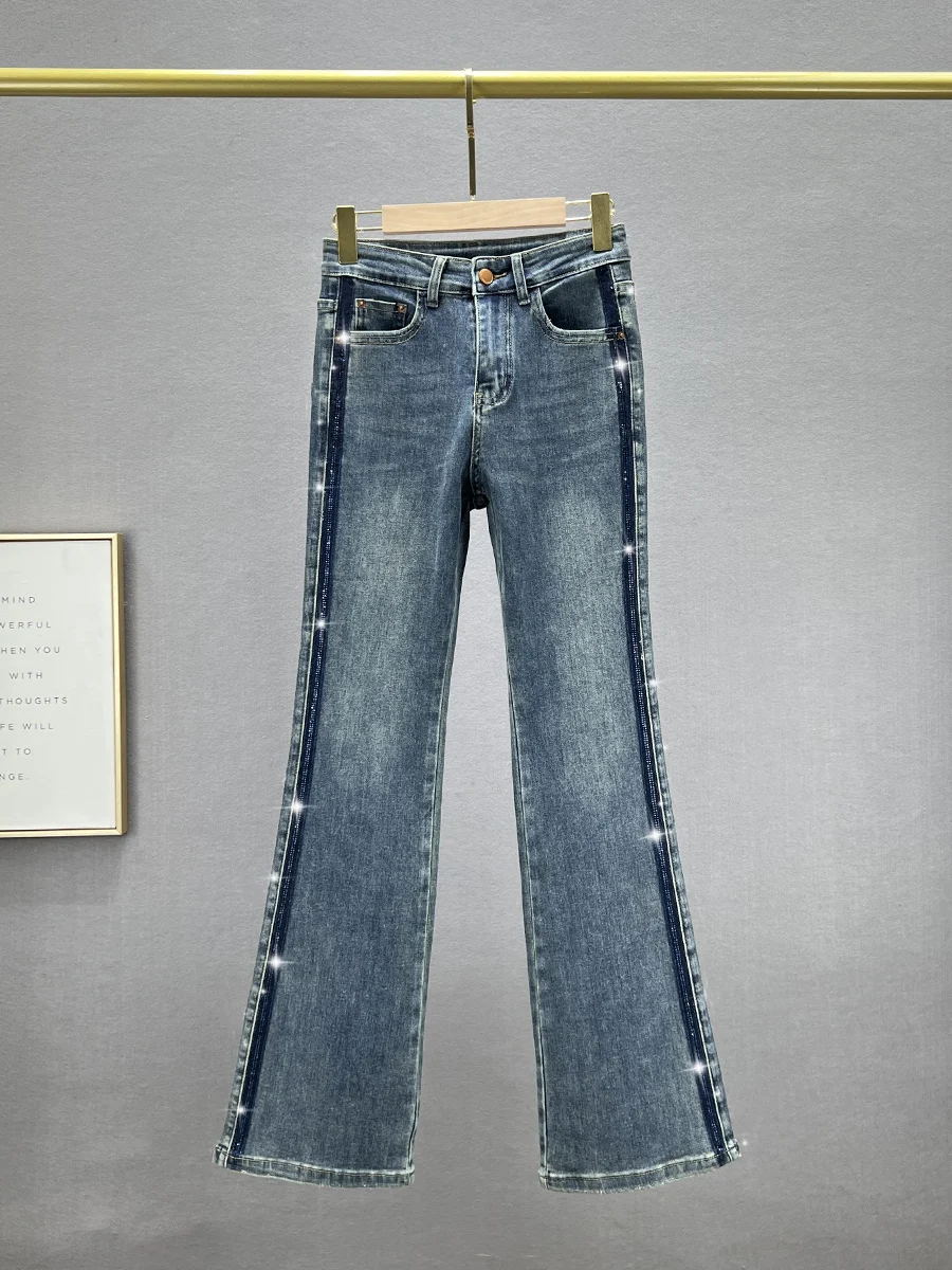 

Trendy Women's Bell Bot Jeans High Waist Slim Fit Stretchy Rhinestone Embellied Long Cotton Denim Autumn Faion