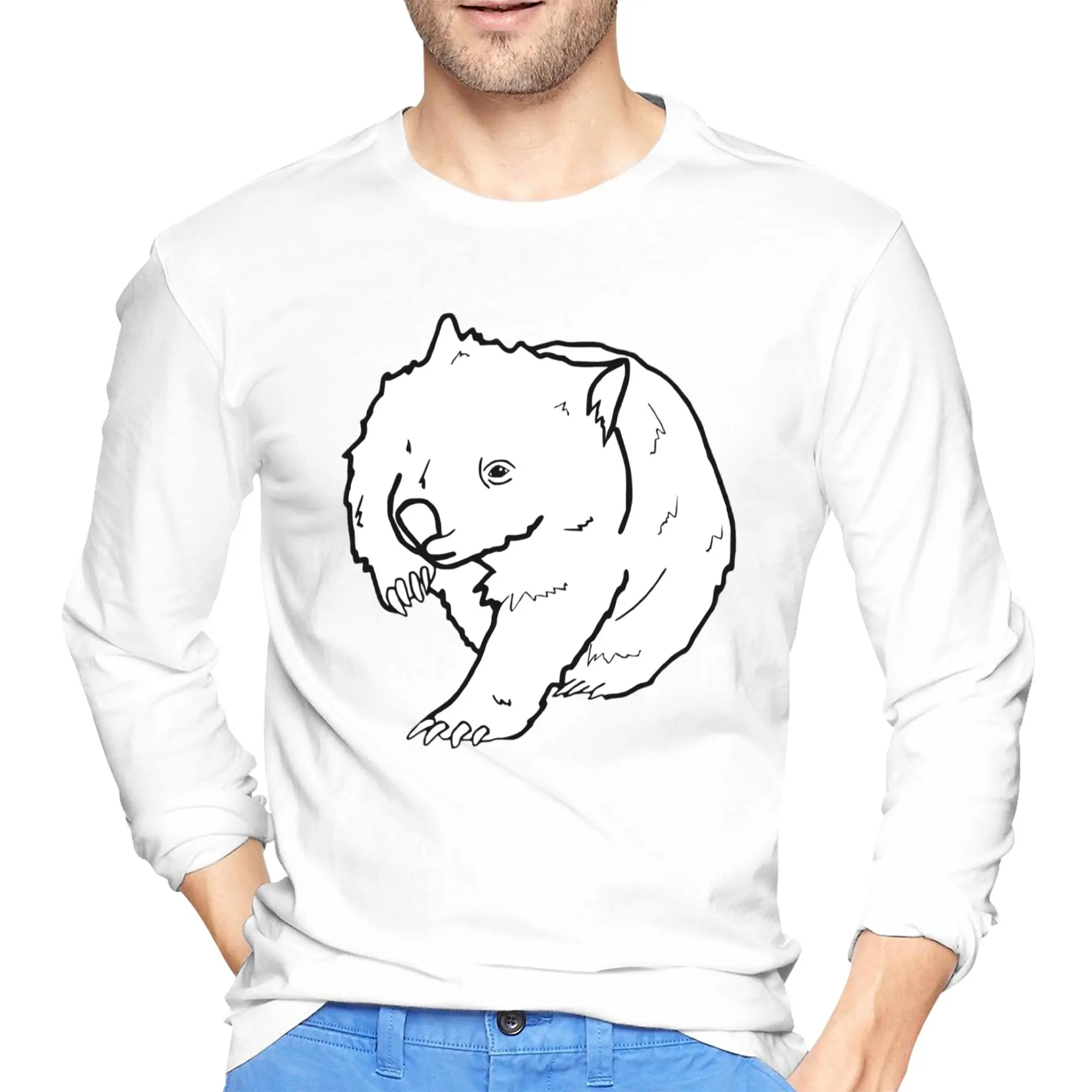

Australian Wombat Doodle Men's Long Sleeved T-shirt Casual Round Neck T shirts Spring and Autumn Men tops
