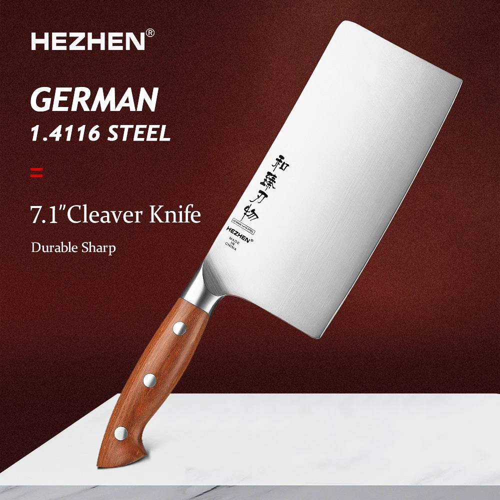 

HEZHEN 7.1 Inches Cleaver Knife German 1.4116 Steel Kitchen Knife Slice Tools 56-58 HRC Gift Box Redwood Handle