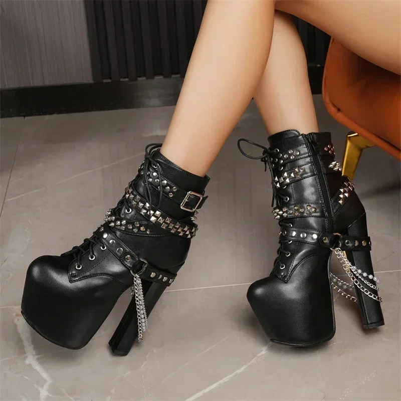 Othic Punk Studded Chain Ankle Booties, Black Lace‑Up Platform Chunky Heel Boots for Women, Rock Style for Party,Club Streetwear