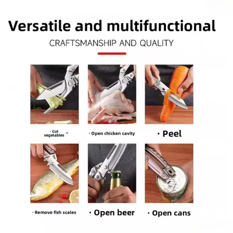 Multifunctional Household Stainless Steel Kitchen Scissors Sharp Chicken Bone Fish Bone Shears for Fishscaling Vegetable Cutting