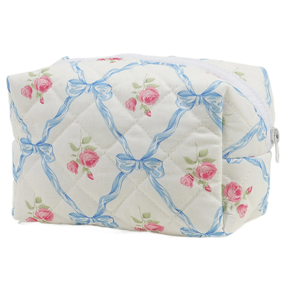 Cute Bow Floral Makeup Organizer Storage Bag with Zipper Cosmetic Organizer Case Cotton Quilted Skincare Bag for Women and Girls