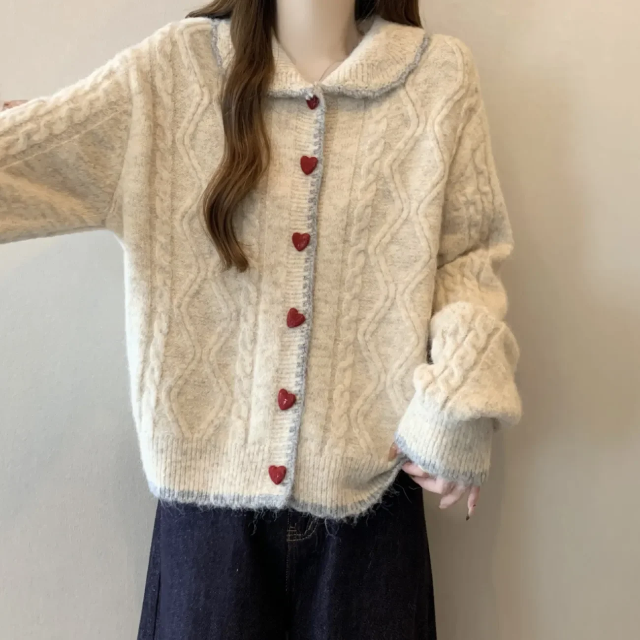 New Autumn Spring Retro Love Buckle Knitt Sweater Women's Outer Wear Lazy Style Doll Collar Twist Sweater Loose Sweater Jacket