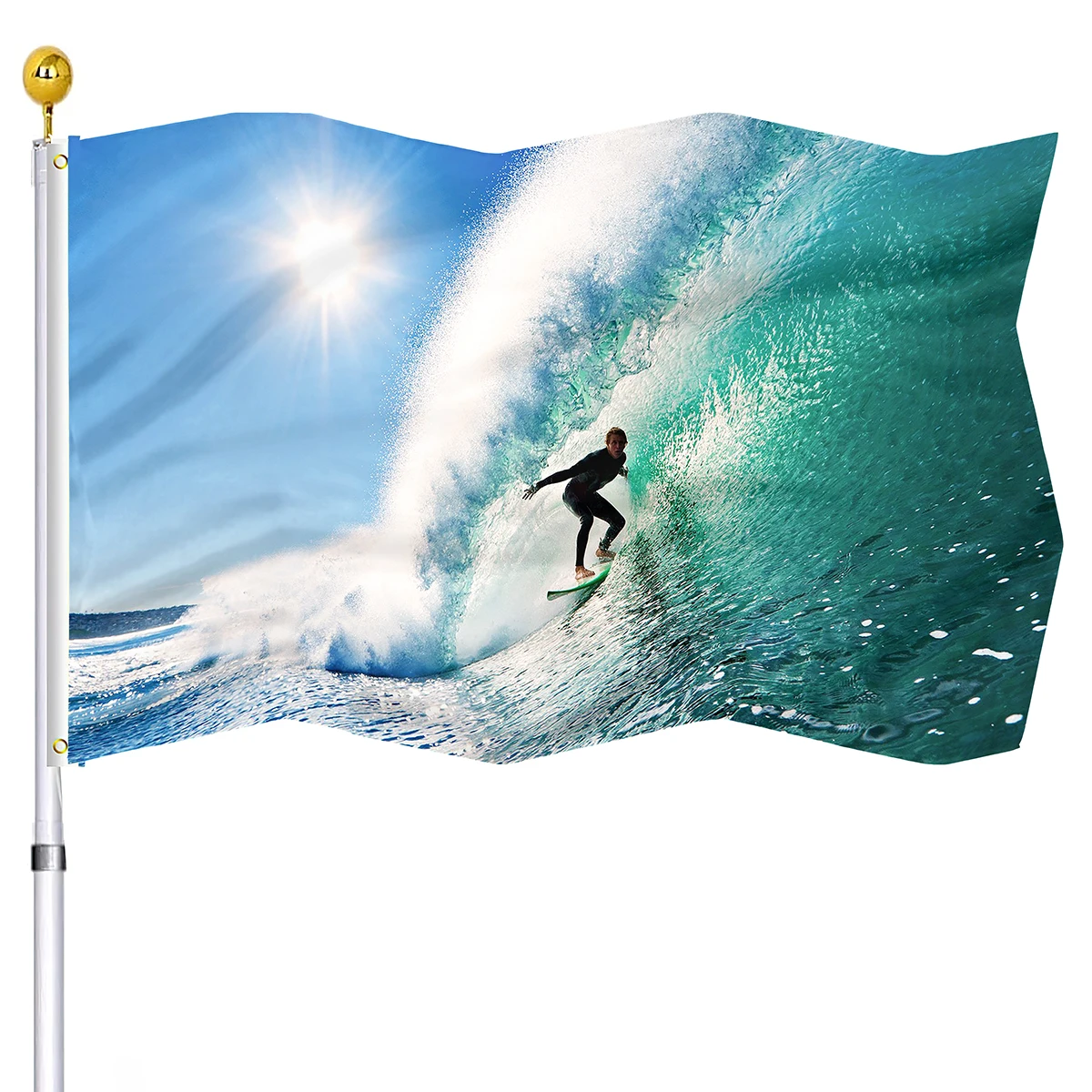 

Ocean Waves Flag Holiday Outdoor Party Indoor Decor Double Stitched Surfer on Sea Waves Flags with Brass Grommets for Women Men