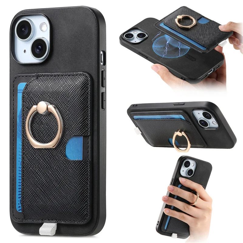 

Business Leather Wallet Case, Ring, Car Holder, Super Magnetic Card Bag Phone Case MagsafeFor iPhone 15 13 12 14 16 Pro Max Plus