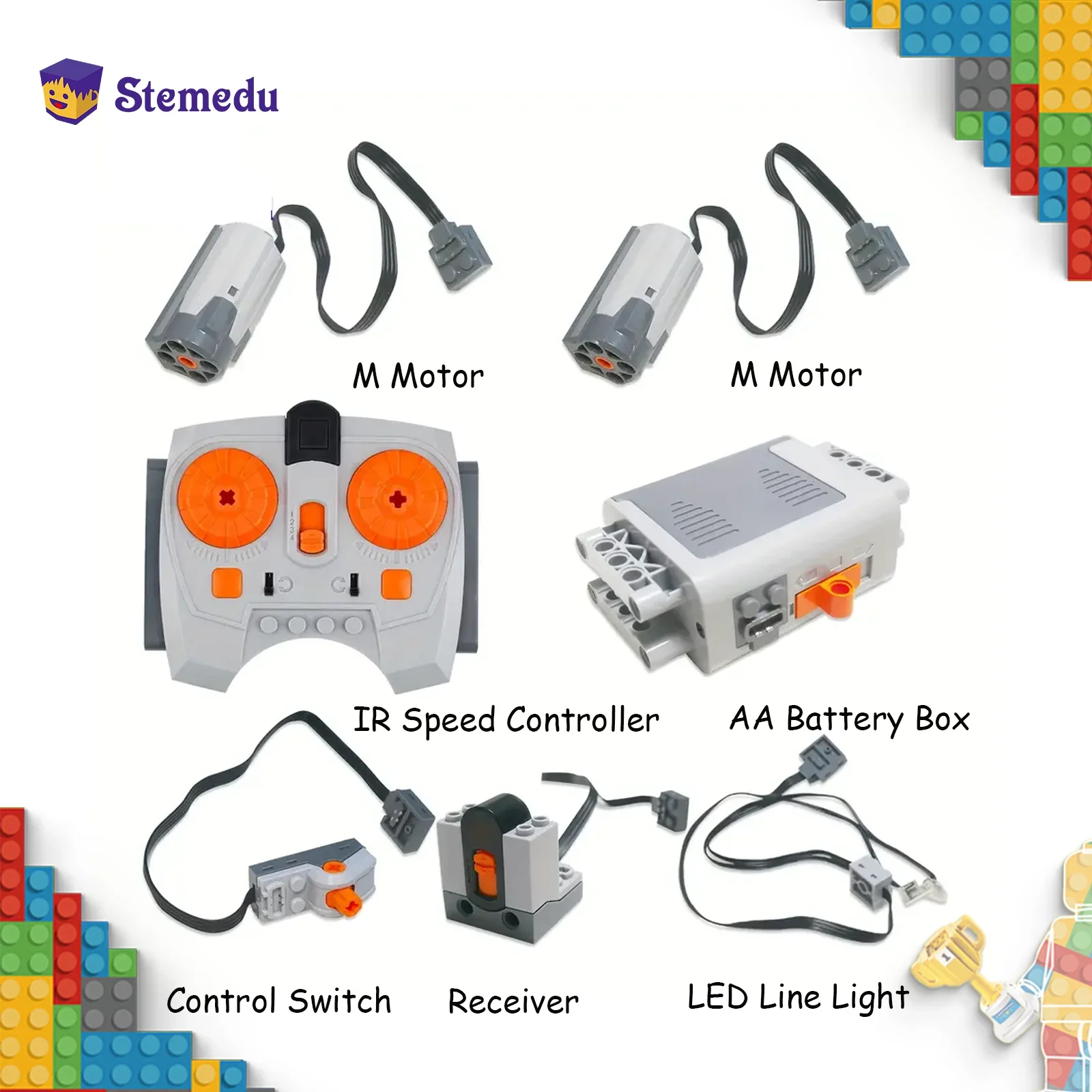 

7 шт. функция питания, набор двигателей M, комплект светодиодных кабелей с дистанционным управлением и батарейным блоком AAA, приемник, переключатель, строительные блоки 8883 9686