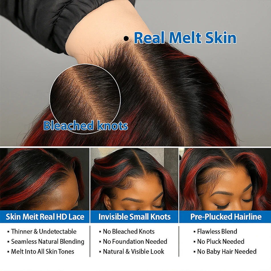 バレイヤージュ 1B/99J 5x5 クロージャーハイライトウィッグ 人毛 ブラジリアンボディウェーブ オンブレ レッドバーガンディカラー 人毛グルレスウィッグ