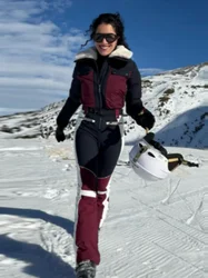 Woman Fashion Color Blocked Zipper Ski Suit With Belt Chic Long Sleeved Long Pants Lapel Jumpsuit 2026 Winter Ski Sportswear