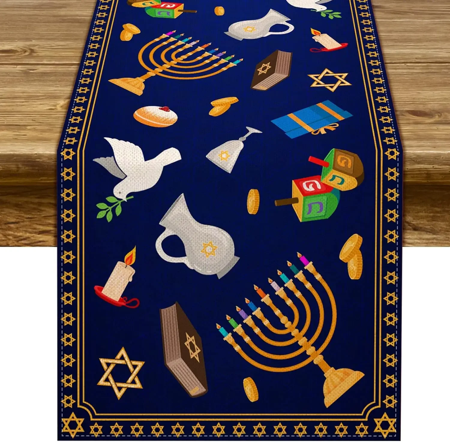 Camino de mesa de lino de Hanukkah Chanukah Menorah Dreidel estrella de David Festival judío cocina caminos de mesa de comedor decoración del hogar