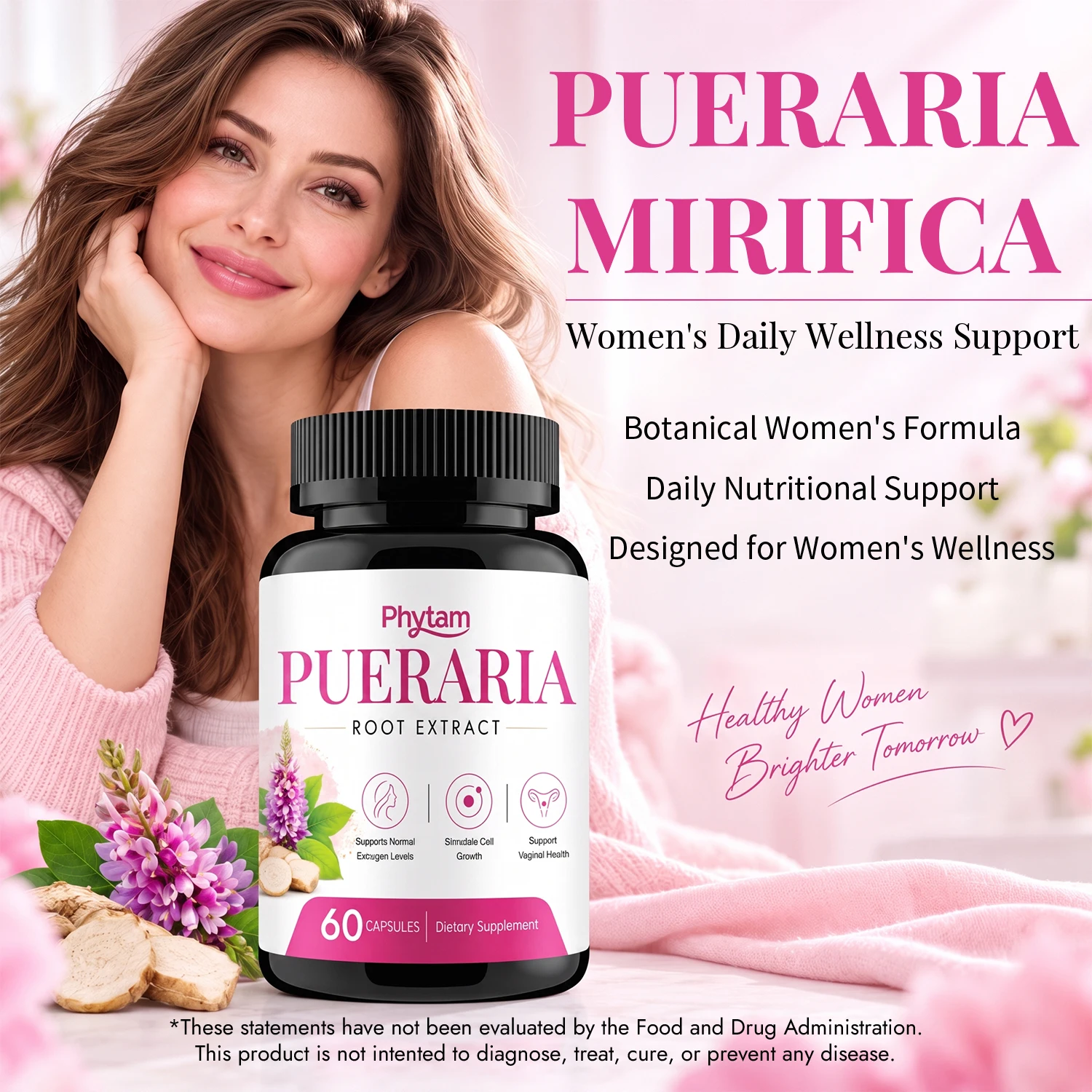 Pueraria Mirifica Root Extract Capsules 1000mg Per Serving 60 Counts Botanical Dietary Supplement for Women Daily Feminine Wellness Support