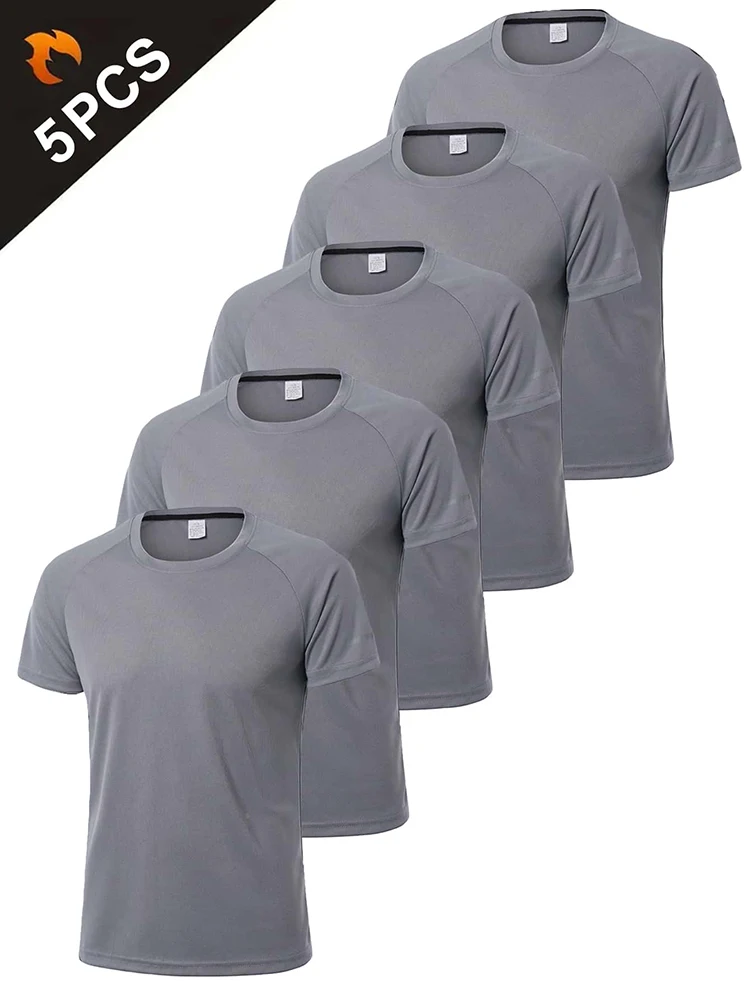 5 PCS Men\'s Casual Breathable Loose T-shirt, Crew Neck Short-Sleeve Top For Outdoor Gym Running,Quick-drying Sportswear