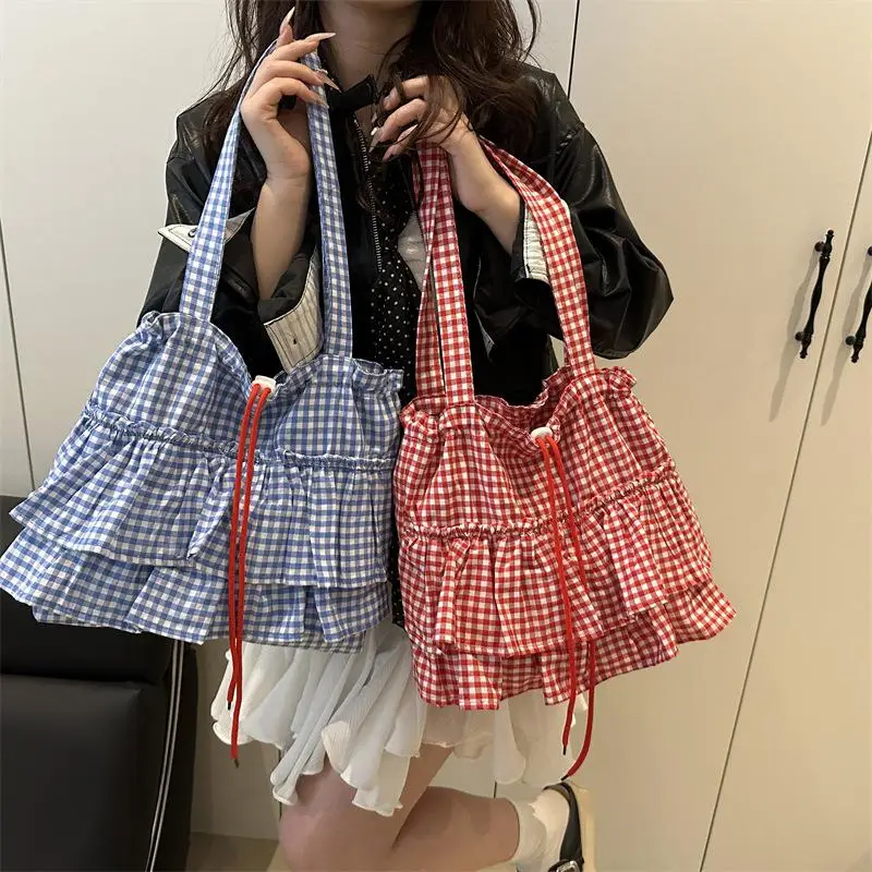 

Cute Plaid Cotton Tote Bag Large Capacity Ruffle Handbag Large Capacity Shoulder Bags Fashion Sweet Commuting Bag For Women Gift