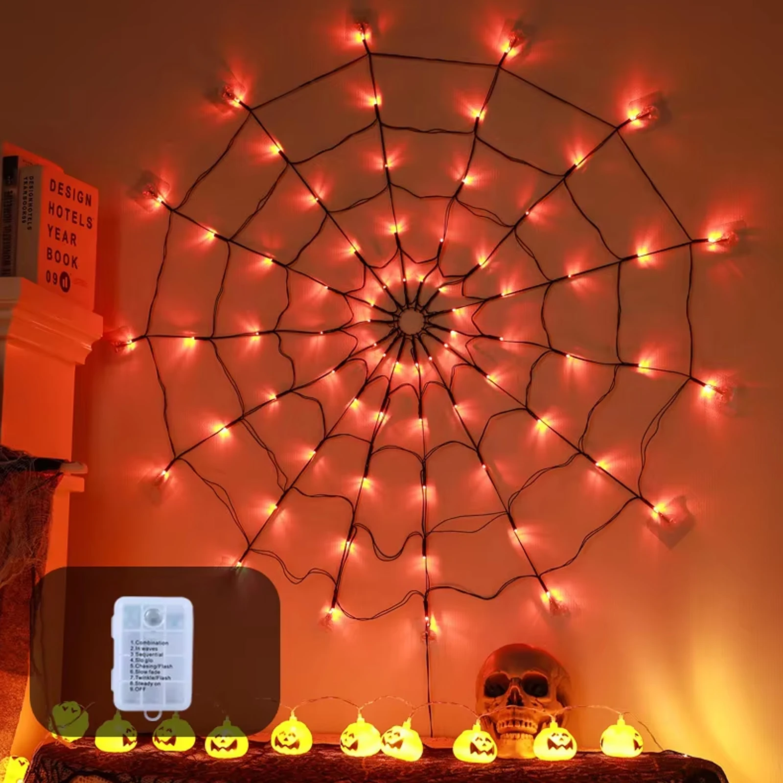 Toile d'araignée décorations d'halloween lumière toile d'araignée filet mural lumière scintillante pour atmosphère d'halloween décoration intérieure guirlande lampe