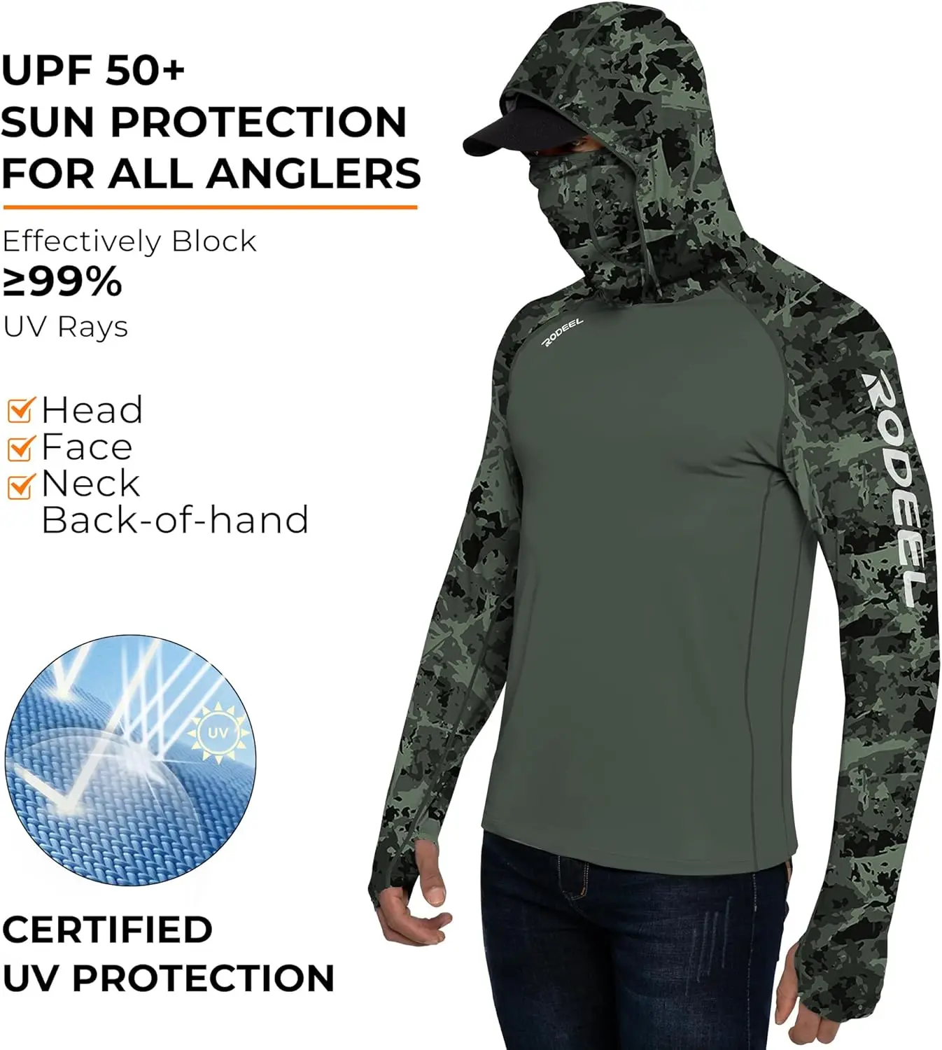 Rodeel Men's UPF 50+ Performance Fishing Hoodie, Long Sleeve Sun Protection Athletic Quick-Dry Breathable T-Shirt