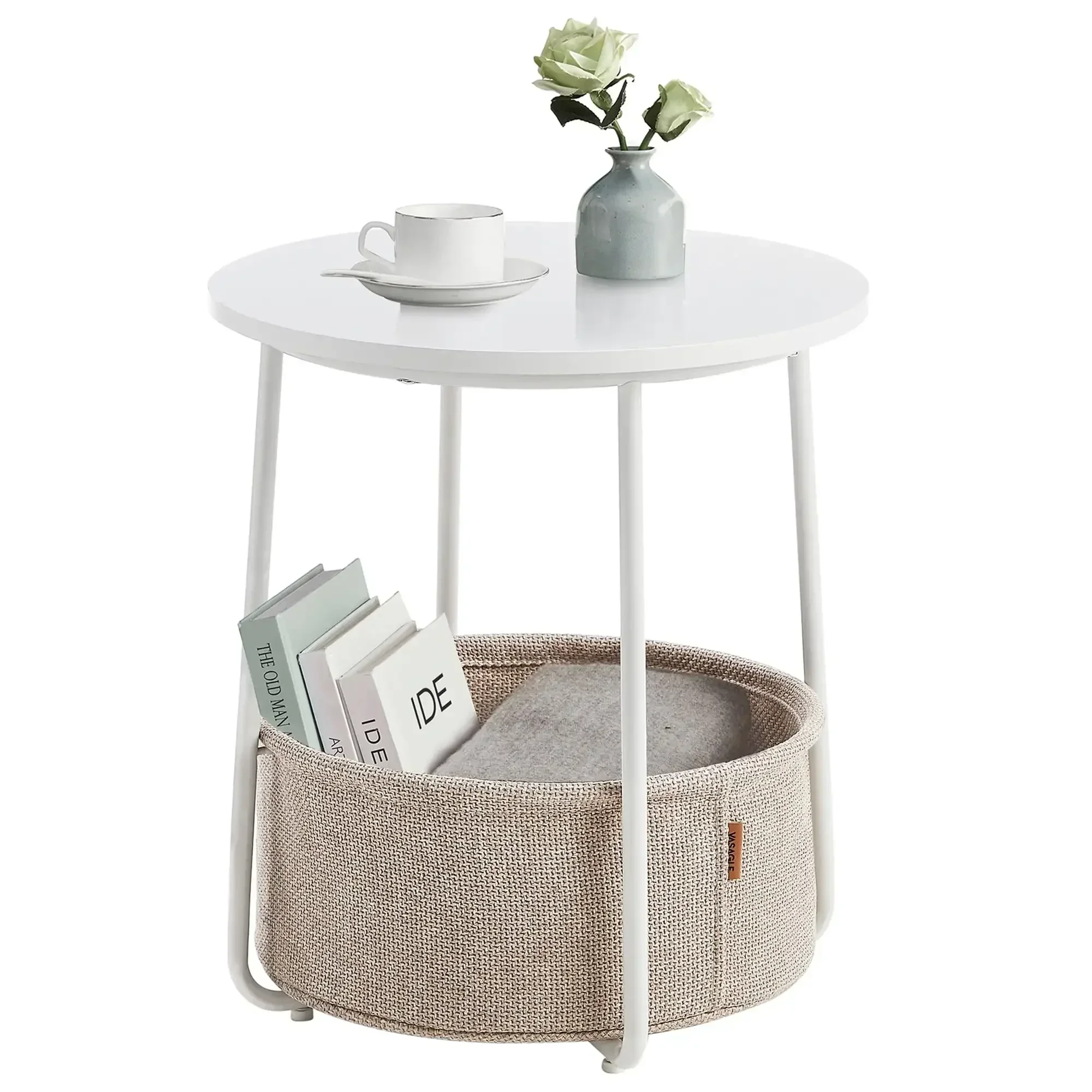 

Round End Side Table with Fabric Storage Basket Bedside Table Nightstand for Living Room Bedroom Classic White Sand Beige